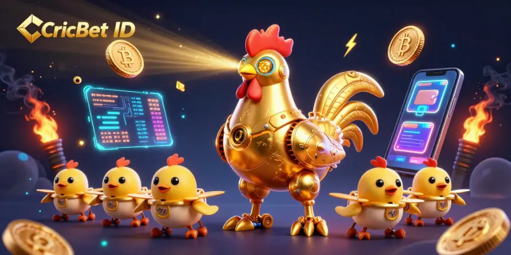 Engage with CricBet ID in a dynamic casino-themed illustration featuring a golden rooster robot and baby chick drones.