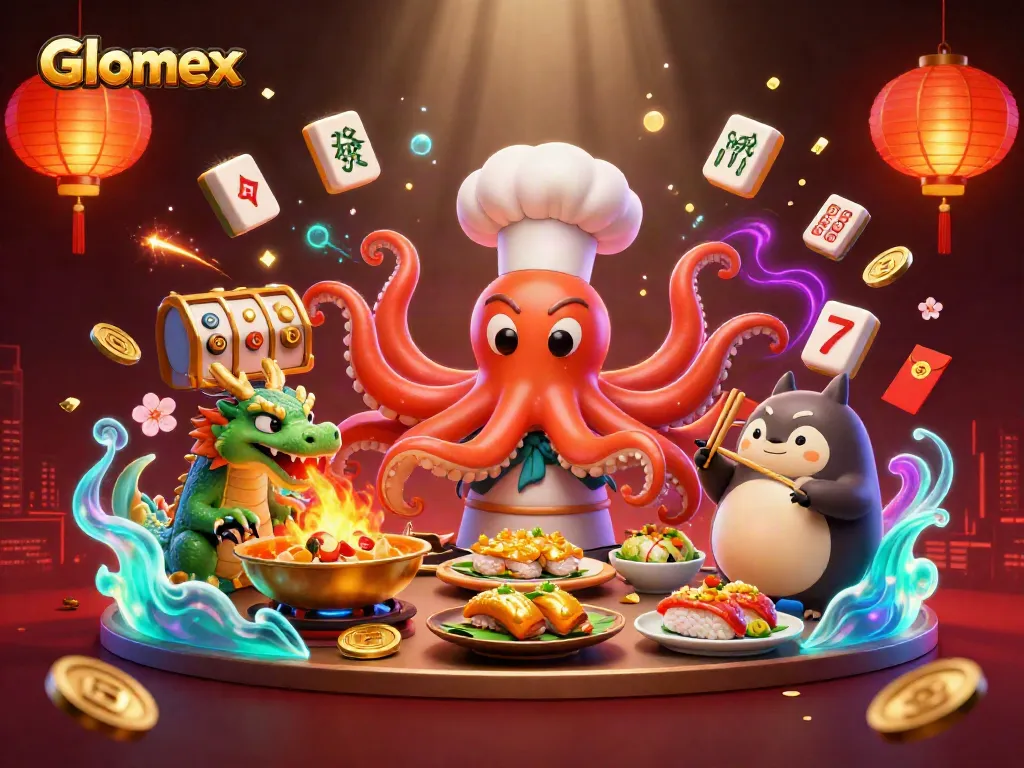 Engage with Glomex’s vibrant casino-themed 3D illustration featuring dynamic gaming elements.