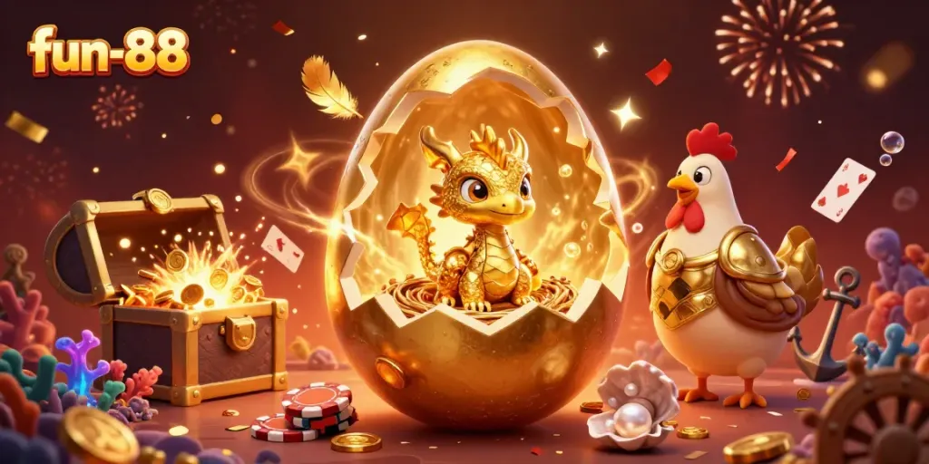 Experience the thrill of fun-88 with golden dragon and poker chips amidst vibrant casino elements!