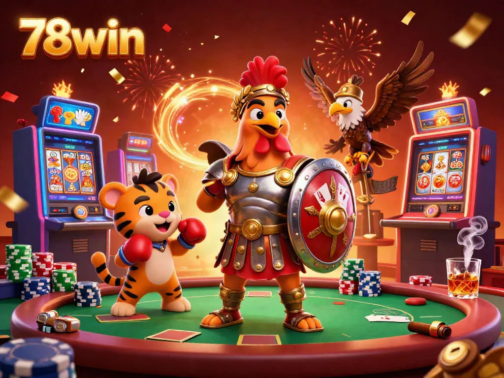 Engage in thrilling gameplay at 78win with a vibrant casino scene featuring a gladiator rooster and exciting slot machines.