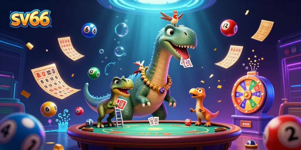 Experience the thrilling world of sv66 with a vibrant casino scene featuring playful creatures and dynamic game elements.