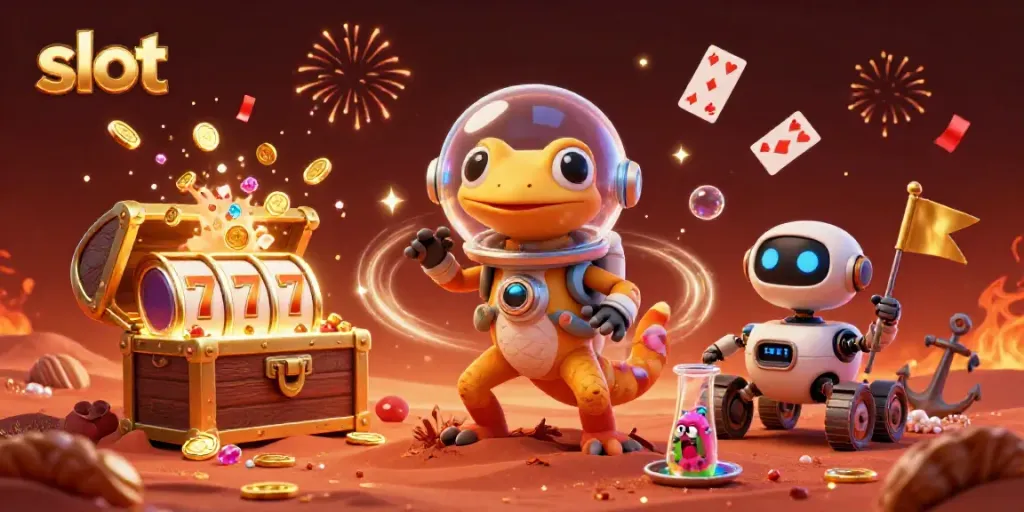 Gecko luar angkasa menemukan slot di kasino berwarna emas di Mars, dikelilingi perhiasan dan permainan.