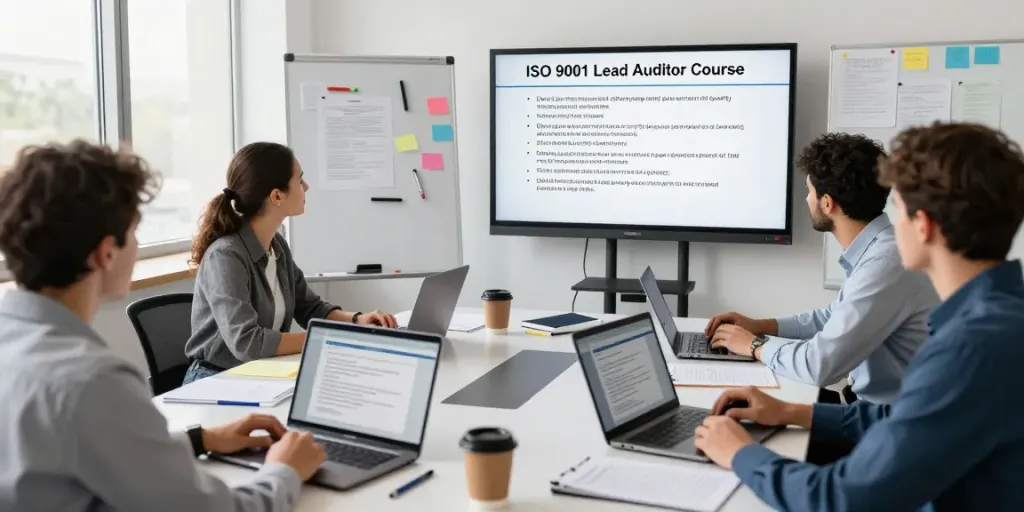 Engaged participants in ISO 9001 Lead Auditor Course, collaborating during virtual training session.