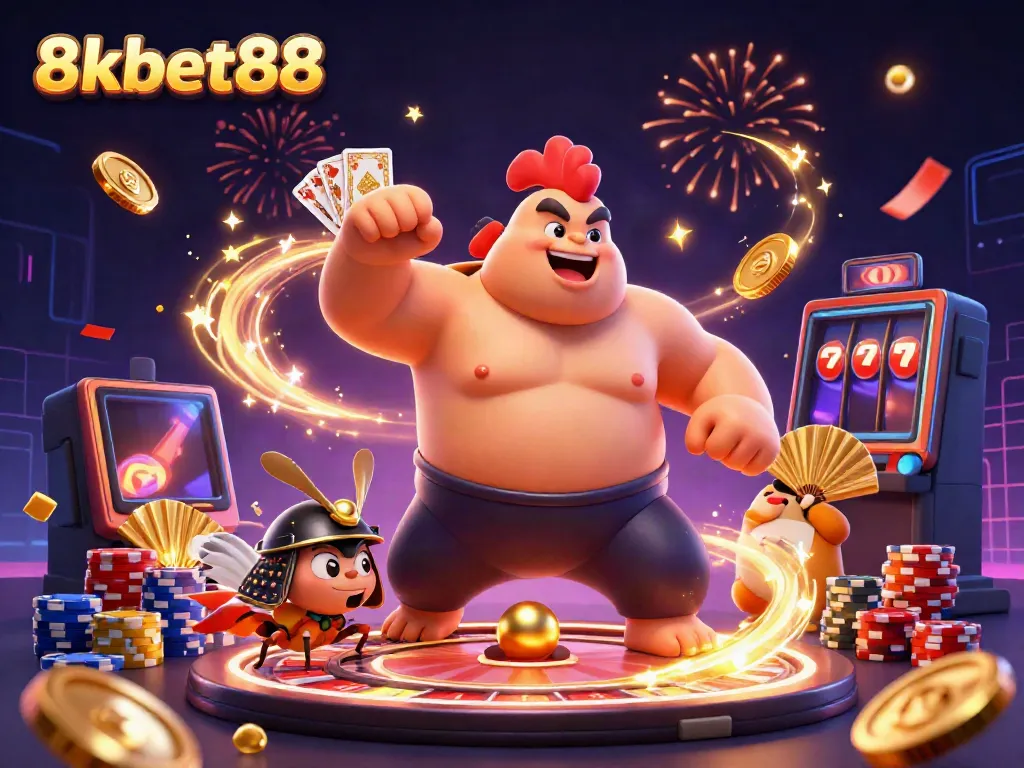 Experience thrilling action at 8xbet88 as a powerful sumo wrestler encounters a fierce cricket in a vibrant casino setting.