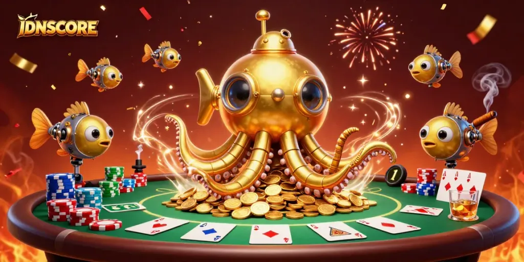 IDNSCORE brings players a vibrant golden kraken scene filled with poker elements and excitement.