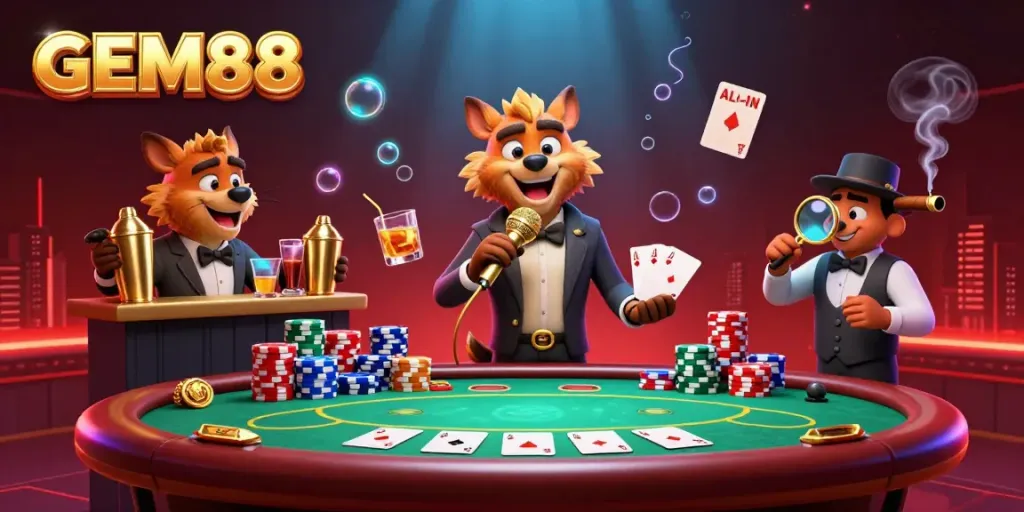 Experience the vibrant comedy casino atmosphere of GEM88 with hyenas performing at a dynamic club scene.