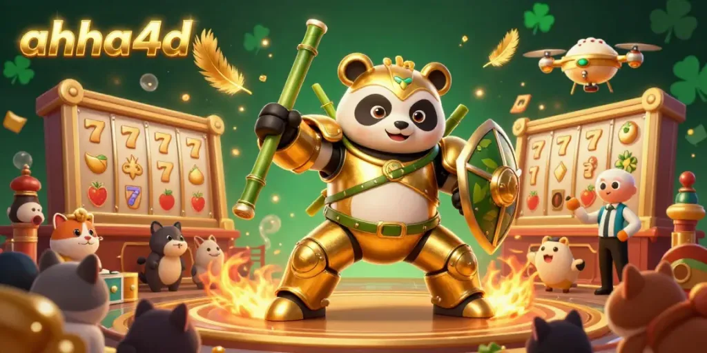 Experience thrilling slots at ahha4d with a dynamic 3D panda battle scene packed with exciting gaming features.