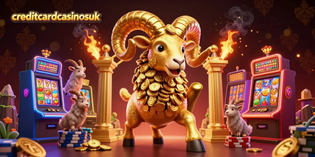 Experience thrilling wins at creditcardcasinosuk with a golden ram charging through vibrant slot games.