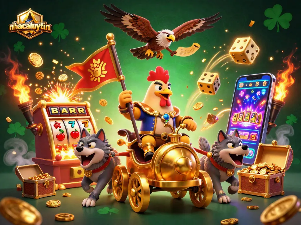 Engage with thrilling nhacaiuytin adventures in this vibrant casino scene featuring dynamic characters and jackpot excitement.