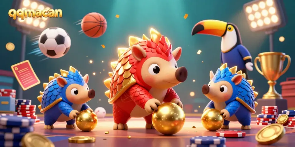 Experience thrilling gaming at qqmacan with cartoon pangolins rolling through poker chips and gold coins.