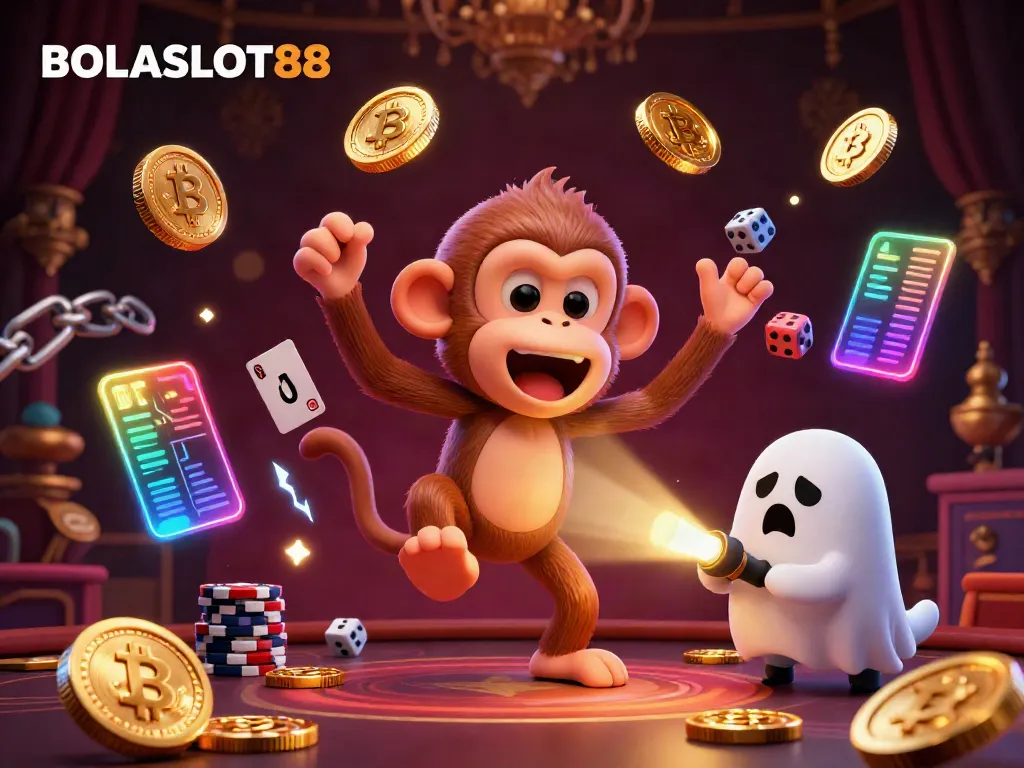 Engage with BOLASLOT88 in a vibrant online casino experience featuring whimsical characters and floating crypto elements.