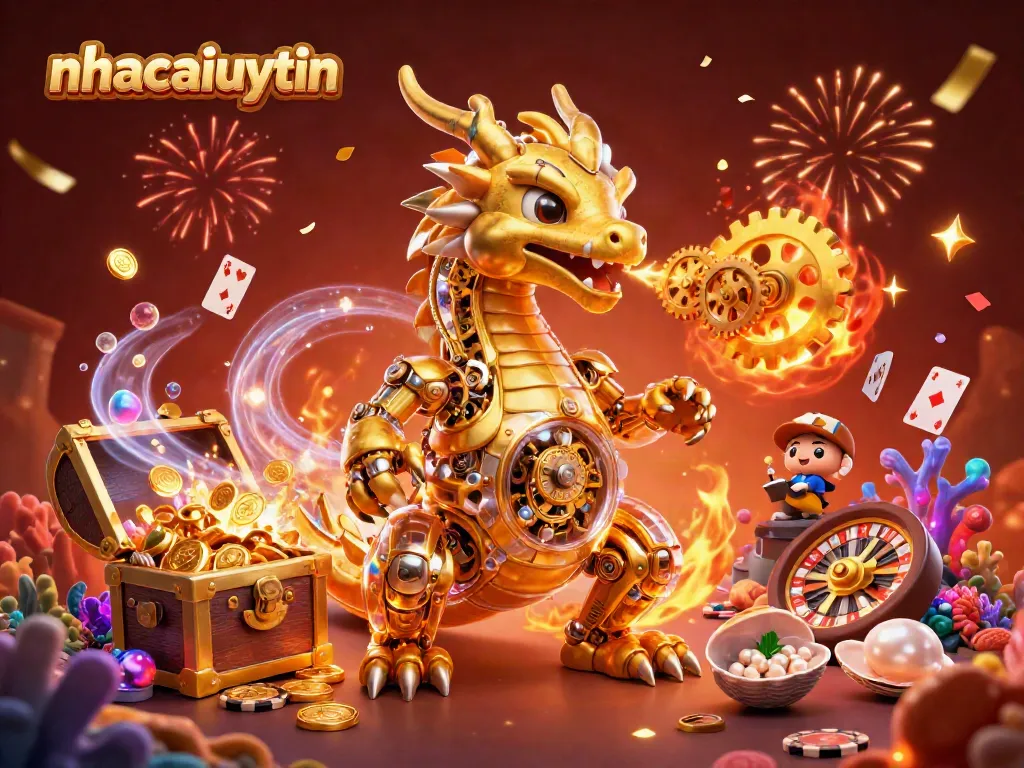 Engage with nhacaiuytin's thrilling gaming experience featuring a golden dragon and treasure.