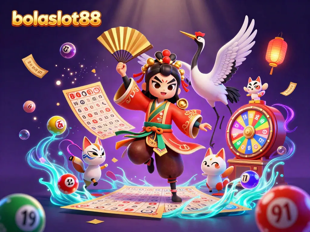 BOLASLOT88 captivating 3D illustration of a kabuki warrior and kitsune in a vibrant casino scene, energizing your gaming experience.