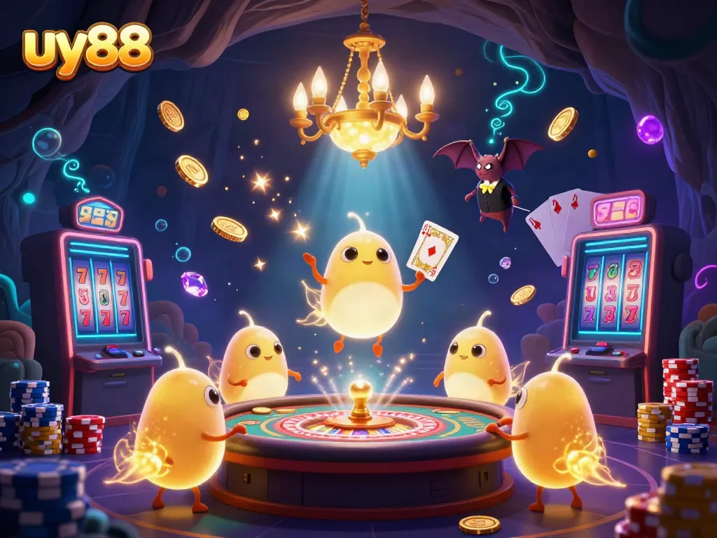 Experience the vibrant uy88 casino scene with charming glowworms and a bat dealer amidst gold coins and vibrant gaming elements.