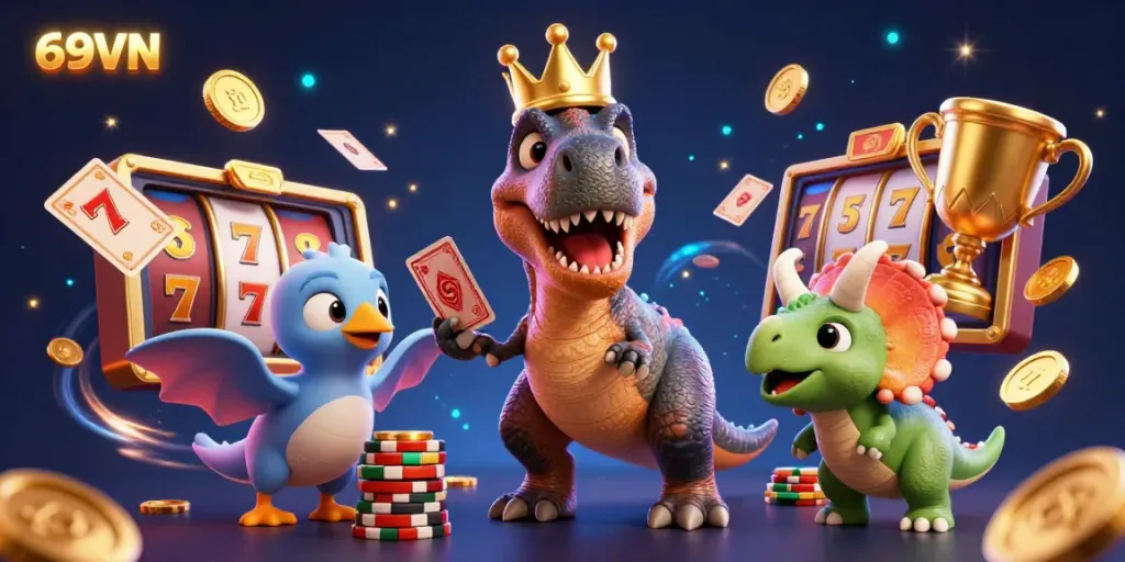 69VN offers a vibrant illustration of a playful T-Rex shuffling cards amid slots and golden chips.