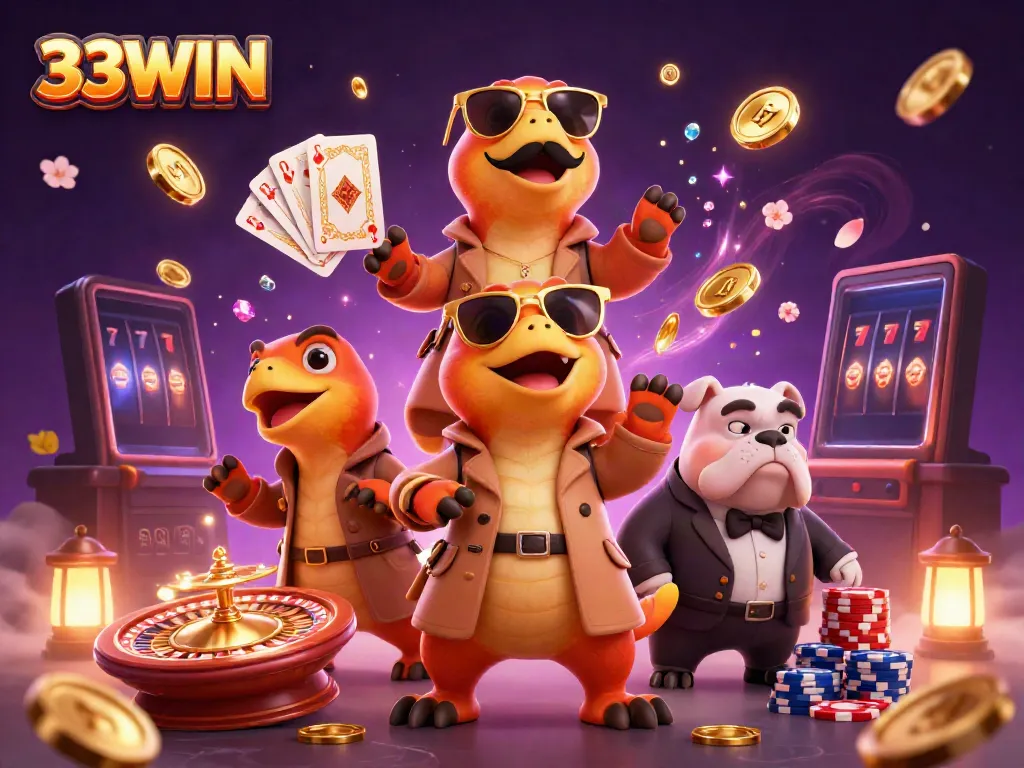 Engaging scene showing 33WIN casino raptors and bouncer amidst floating coins and vibrant game elements.