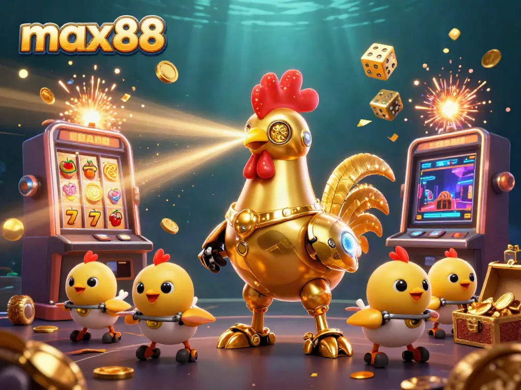 Engage with exciting max88 slots featuring golden rooster robot and jackpot explosions in a vibrant 3D scene.