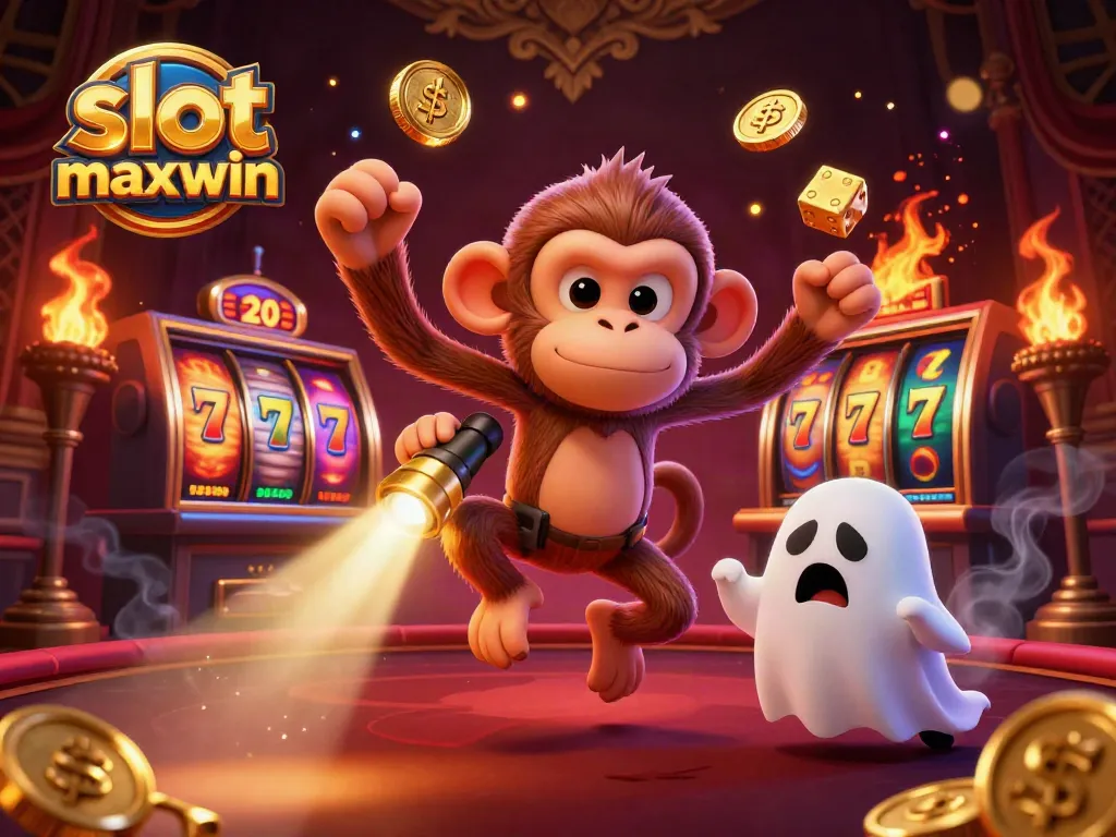 Experience the thrill of slot maxwin as the playful poltergeist monkey juggles gold in a haunted casino.
