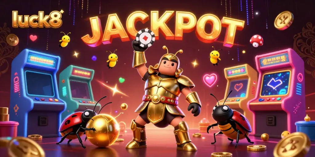 luck8 celebrates victory with a herculean beetle lifting a poker chip amidst bright casino elements