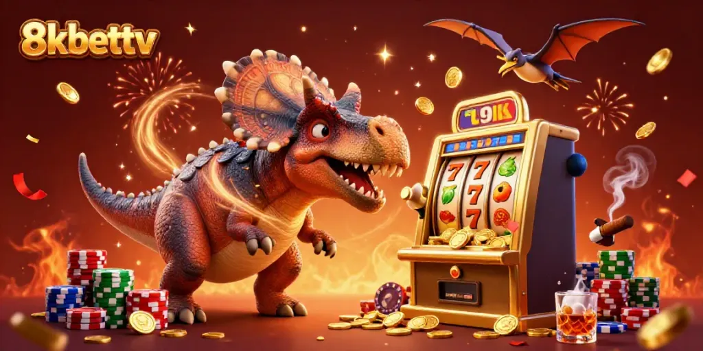 8kbettv features a lively scene of a pachycephalosaurus winning jackpot coins from a slot machine in a dynamic casino setting.