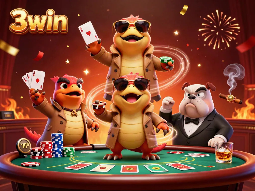 Experience thrilling casino excitement with 3win’s vibrant illustration showcasing raptors and poker elements.