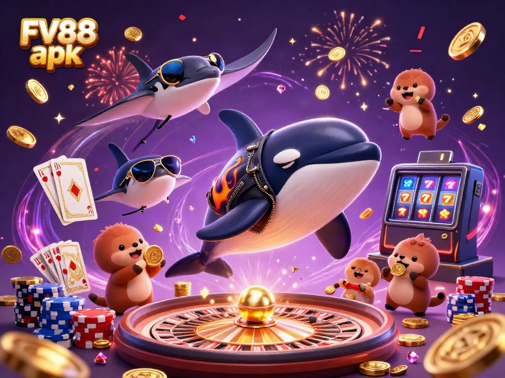 Experience thrilling gambling action with FV88 apk in this vibrant casino adventure illustration.