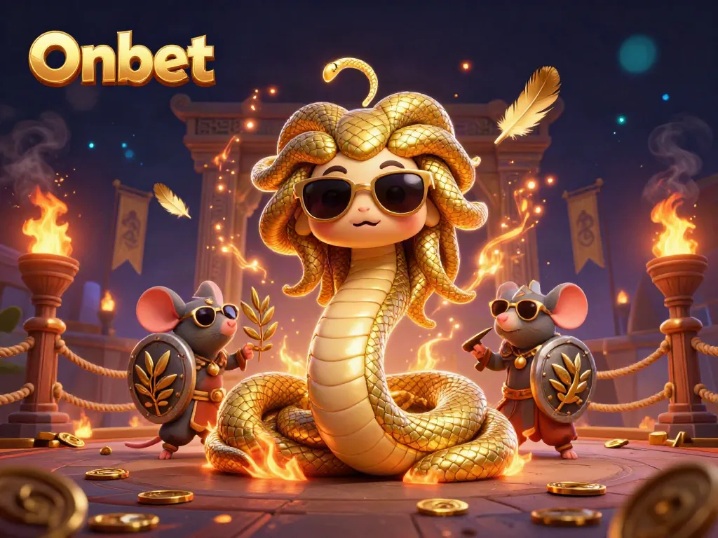 Engage in thrilling Onbet action with Medusa and a warrior mouse in a vibrant casino scene.