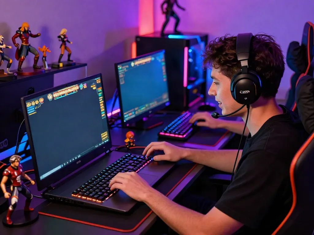 Player engaging with Slot MAHJONGJP88 on a laptop, vibrant gaming setup
