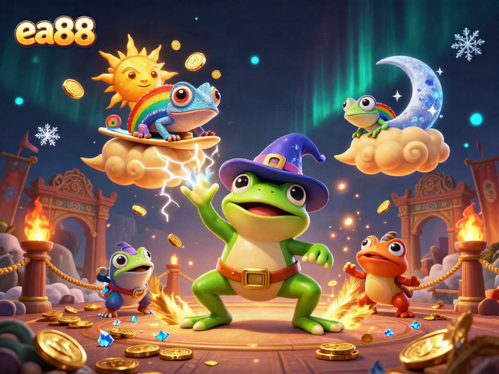 ea88 showcases a vibrant 3D scene with frog and chameleon amidst a storm of coins.