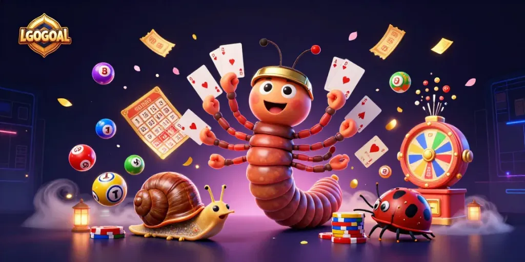 Engage with LGOGOAL at this lively online casino scene full of colorful game elements and animated characters.