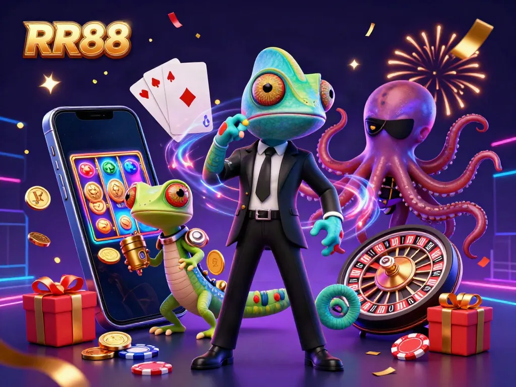 Play thrilling slot games at RR88 featuring colorful characters, jackpot reels, and festive fireworks.