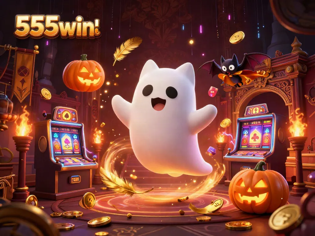 Engage with the colorful 555win link scene featuring a ghost cat and vampiric bat in a casino setting.