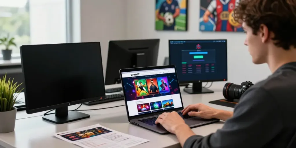 Engaged user exploring UFABET online gambling platform in a vibrant workspace setting, focusing on user-friendly interface and betting options.