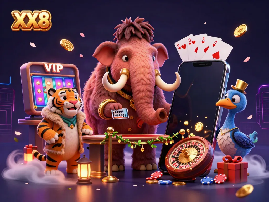 Experience the excitement of XX8 with a vibrant 3D casino scene featuring interactive gaming elements.