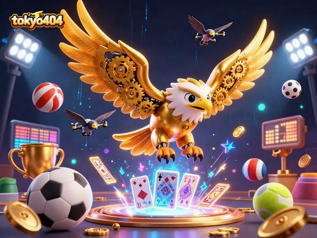 A dynamic casino scene showcasing tokyo404 with a cybernetic eagle and sports elements amid high-energy gameplay.