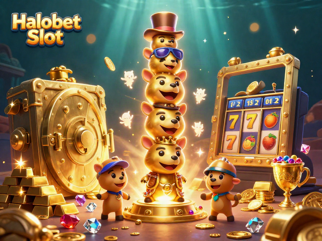Engage with the Halobet Slot in this vibrant, ultra-detailed casino illustration showcasing dynamic slot gameplay.