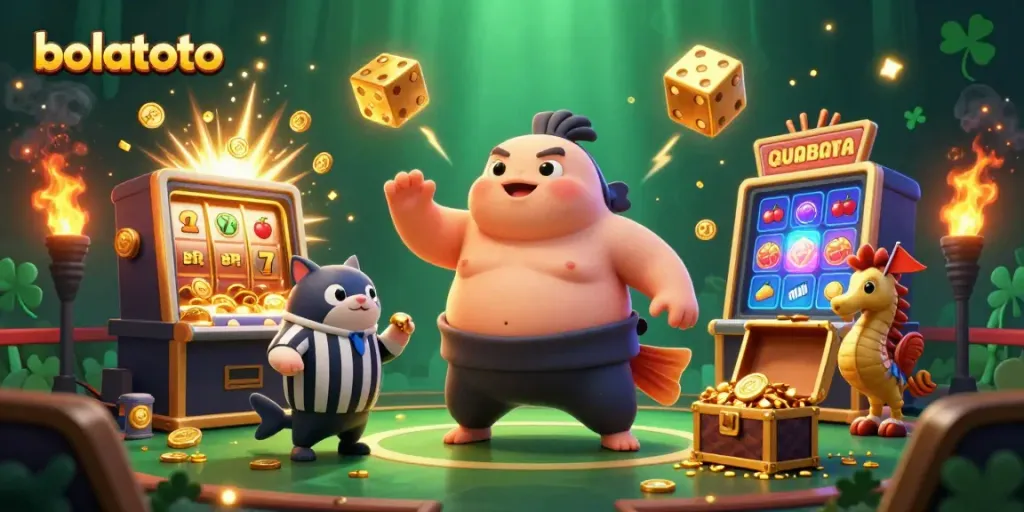 Engage with bolatoto as the fugu, referee, and fans create a lively casino scene, showcasing slot machines and coins.
