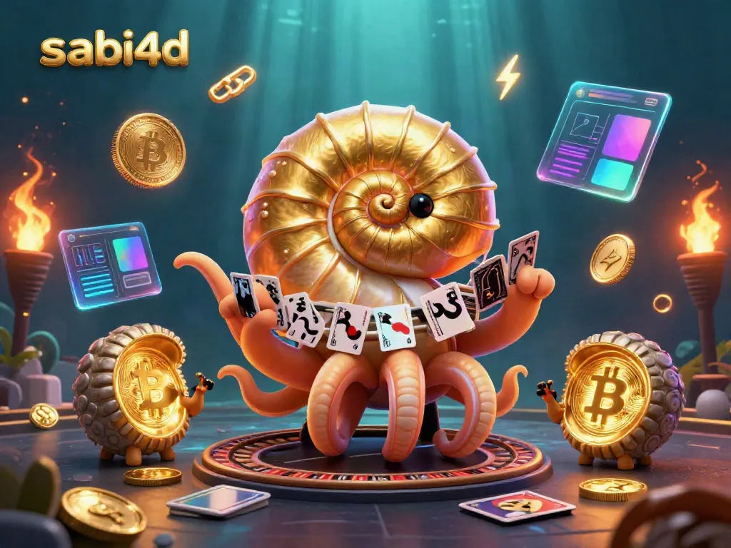 Engage with SABI4D's dynamic illustration of the ancient nautilus as a roulette wheel amidst glowing crypto coins and cards.