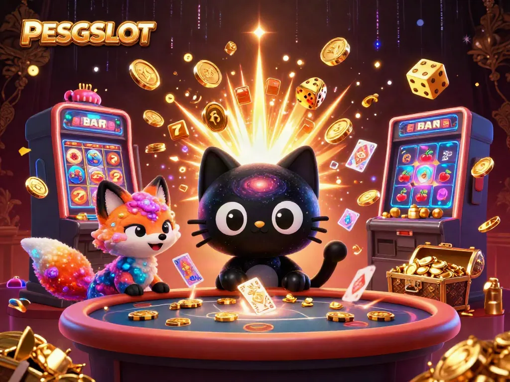 PESGSLOT menunjukkan karakter kucing lubang hitam 3D di meja kasino sambil menarik chip dan kartu emas.