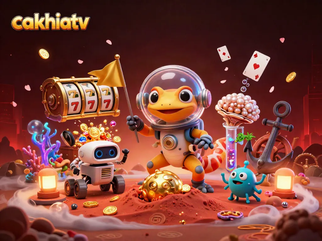 Cakhiatv showcases a Martian gecko finding a golden casino amidst vibrant slots in a cosmic scene