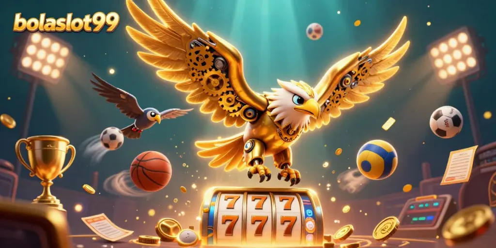 Experience the thrill of bolaslot99 with a cybernetic eagle amidst shimmering slot elements and dynamic sports balls