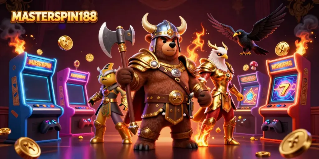Engage with MASTERSPIN188's vibrant casino scene featuring 3D characters, slot machines, and dynamic game elements.